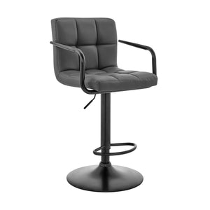 Homeroots 25" Gray And Black Faux Leather And Iron Swivel Low Back Adjustable Height Bar Chair   477012