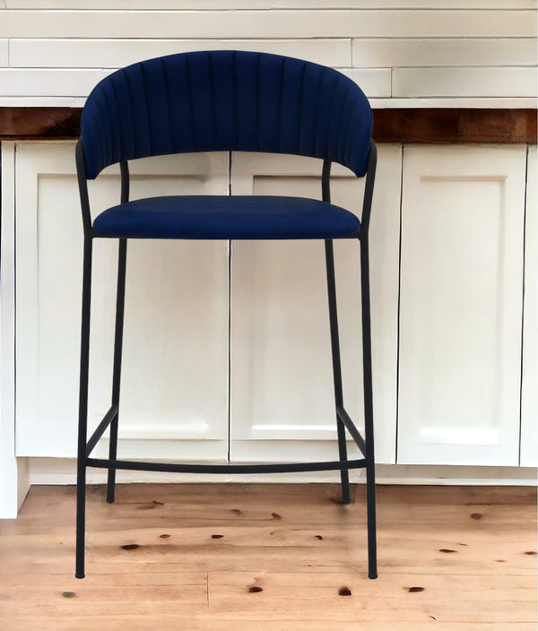 Homeroots 26" Blue And Black Faux Leather And Iron Low Back Counter Height Bar Chair   477019