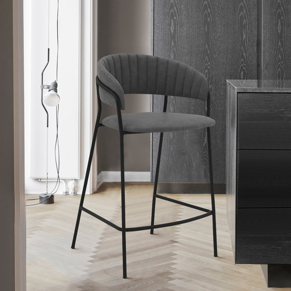 Homeroots 26" Gray And Black Faux Leather And Iron Low Back Counter Height Bar Chair   477021