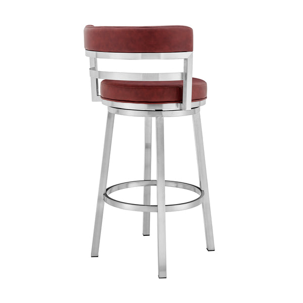 Homeroots 26" Red And Silver Faux Leather And Iron Swivel Low Back Counter Height Bar Chair   477028