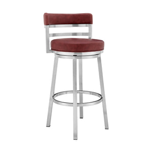 Homeroots 26" Red And Silver Faux Leather And Iron Swivel Low Back Counter Height Bar Chair   477028