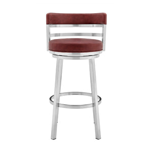 Homeroots 26" Red And Silver Faux Leather And Iron Swivel Low Back Counter Height Bar Chair   477028