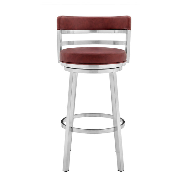 Homeroots 26" Red And Silver Faux Leather And Iron Swivel Low Back Counter Height Bar Chair   477028