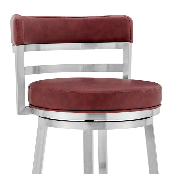 Homeroots 26" Red And Silver Faux Leather And Iron Swivel Low Back Counter Height Bar Chair   477028