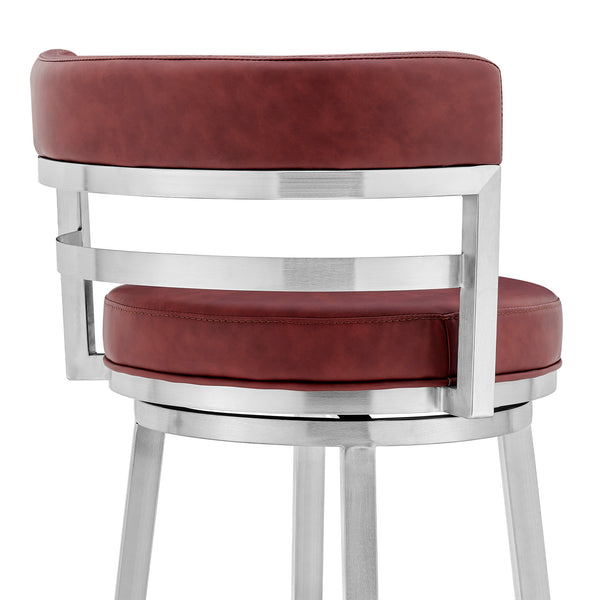 Homeroots 26" Red And Silver Faux Leather And Iron Swivel Low Back Counter Height Bar Chair   477028