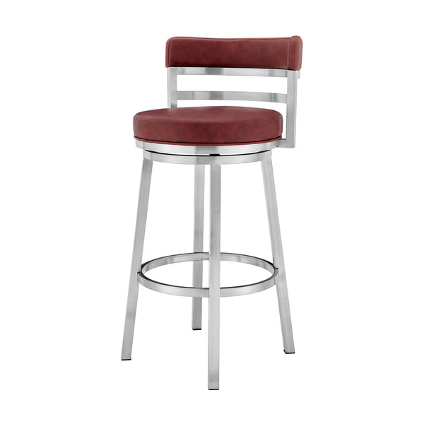 Homeroots 26" Red And Silver Faux Leather And Iron Swivel Low Back Counter Height Bar Chair   477028