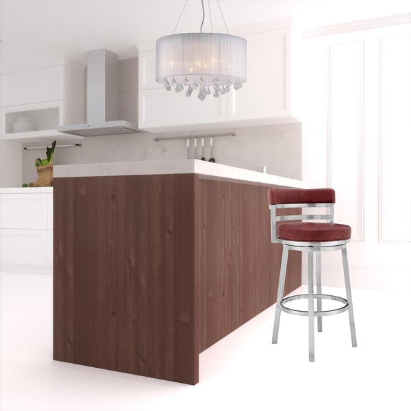 Homeroots 26" Red And Silver Faux Leather And Iron Swivel Low Back Counter Height Bar Chair   477028