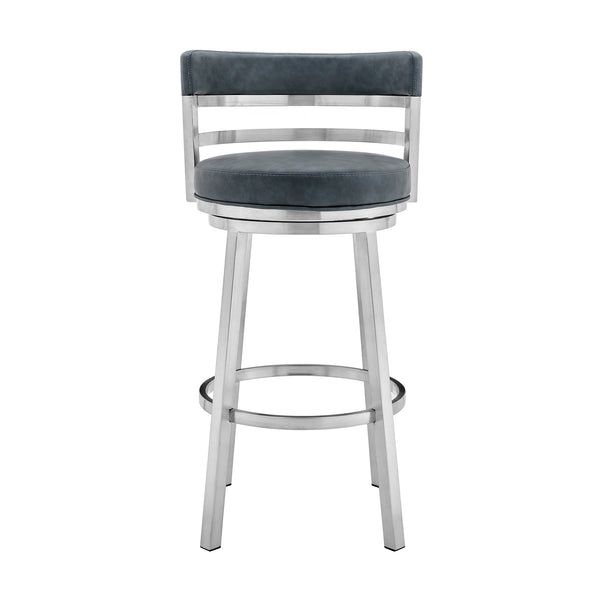 Homeroots 26" Blue And Silver Faux Leather And Stainless Steel Low Back Counter Height Swivel Bar Chair   477030