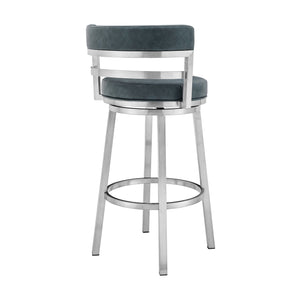 Homeroots 26" Blue And Silver Faux Leather And Stainless Steel Low Back Counter Height Swivel Bar Chair   477030