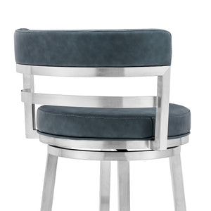 Homeroots 26" Blue And Silver Faux Leather And Stainless Steel Low Back Counter Height Swivel Bar Chair   477030