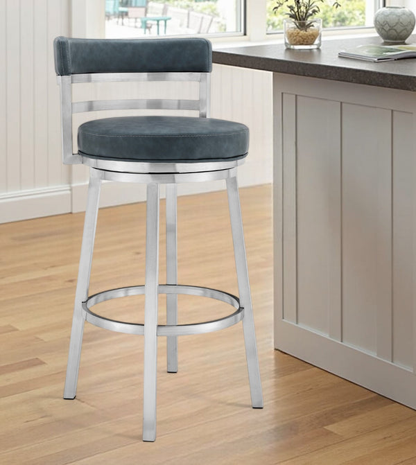 Homeroots 26" Blue And Silver Faux Leather And Stainless Steel Low Back Counter Height Swivel Bar Chair   477030