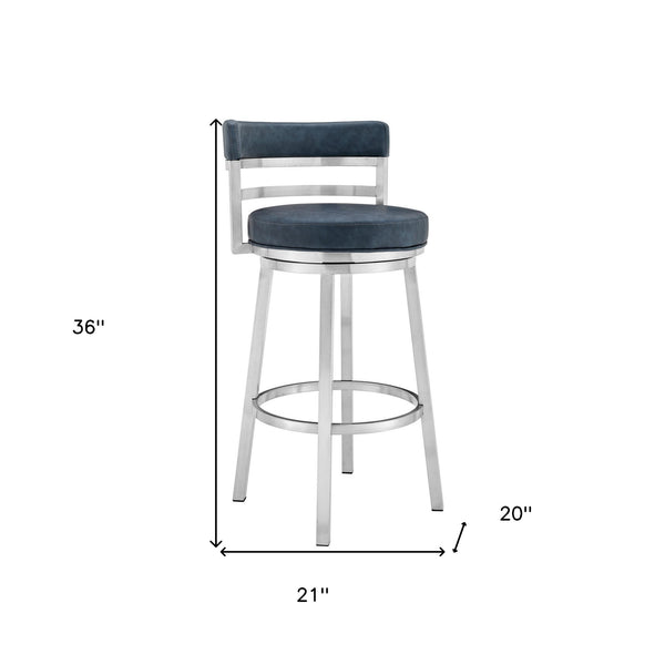 Homeroots 26" Blue And Silver Faux Leather And Stainless Steel Low Back Counter Height Swivel Bar Chair   477030