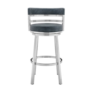Homeroots 30" Blue And Silver Faux Leather And Iron Swivel Low Back Bar Height Bar Chair   477031