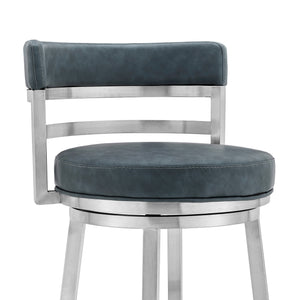 Homeroots 30" Blue And Silver Faux Leather And Iron Swivel Low Back Bar Height Bar Chair   477031
