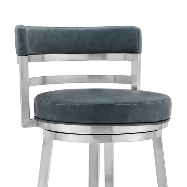Homeroots 30" Blue And Silver Faux Leather And Iron Swivel Low Back Bar Height Bar Chair   477031
