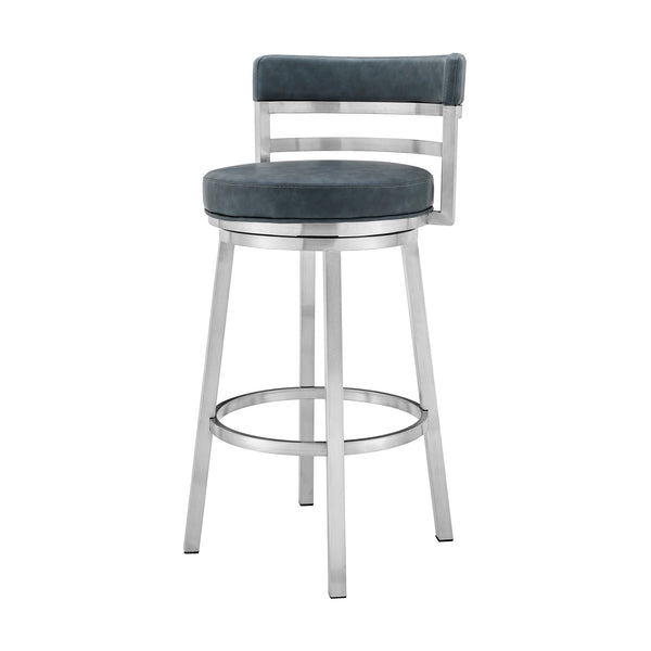 Homeroots 30" Blue And Silver Faux Leather And Iron Swivel Low Back Bar Height Bar Chair   477031