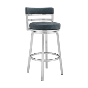 Homeroots 30" Blue And Silver Faux Leather And Iron Swivel Low Back Bar Height Bar Chair   477031