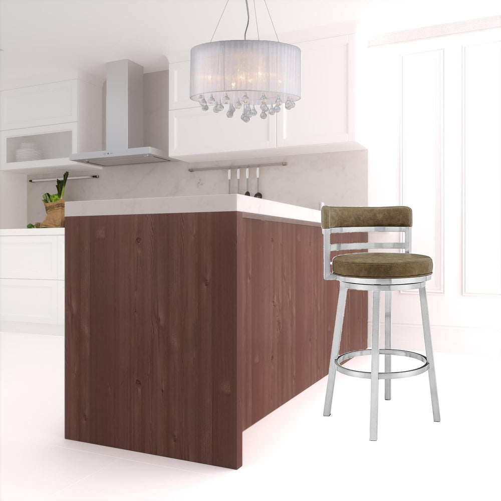 Homeroots 30" Green And Silver Faux Leather And Iron Swivel Low Back Bar Height Bar Chair   477033