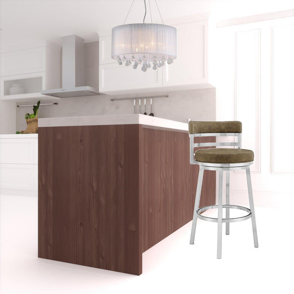 Homeroots 30" Green And Silver Faux Leather And Iron Swivel Low Back Bar Height Bar Chair   477033