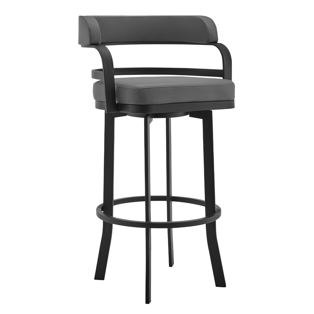 Homeroots 30" Gray And Black Faux Leather And Iron Swivel Low Back Bar Height Bar Chair   477035