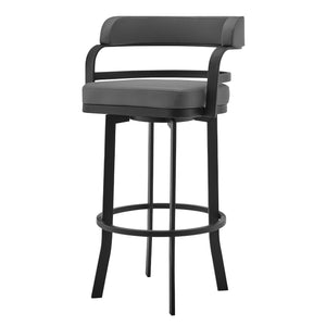 Homeroots 30" Gray And Black Faux Leather And Iron Swivel Low Back Bar Height Bar Chair   477035