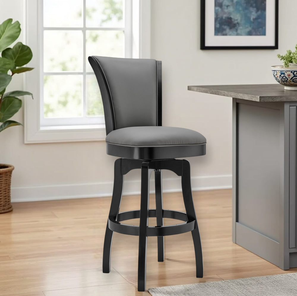Homeroots 26" Gray And Black Faux Leather And Iron Counter Height Swivel Bar Chair   477047