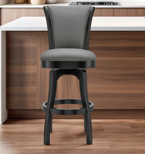 Homeroots 30" Gray And Black Faux Leather And Iron Swivel Bar Height Bar Chair   477048