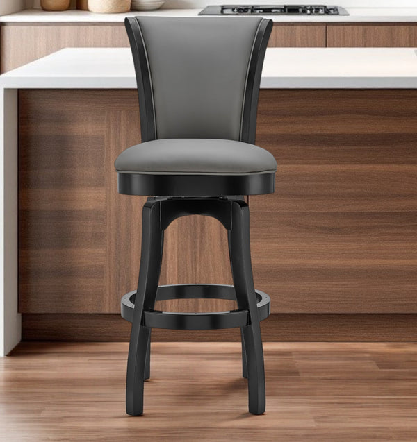 Homeroots 30" Gray And Black Faux Leather And Iron Swivel Bar Height Bar Chair   477048