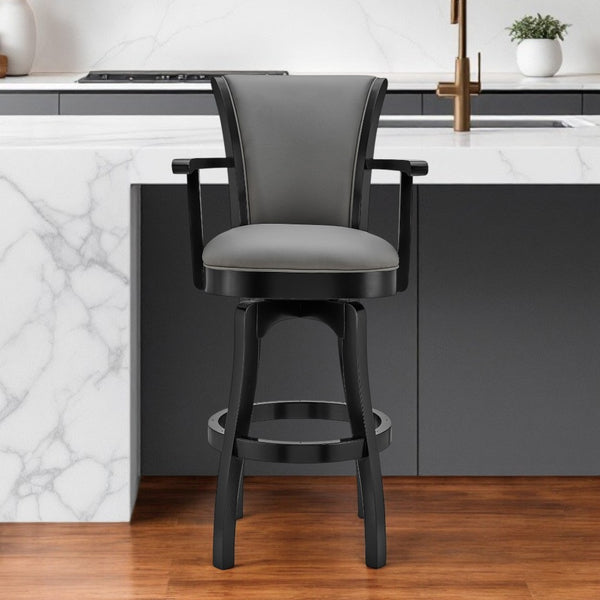 Homeroots 26" Gray And Black Faux Leather And Iron Counter Height Swivel Bar Chair   477049