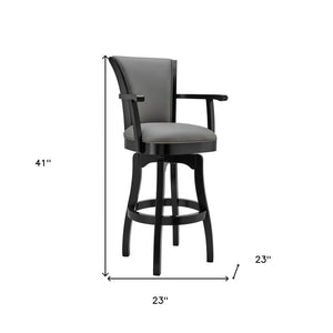 Homeroots 26" Gray And Black Faux Leather And Iron Counter Height Swivel Bar Chair   477049