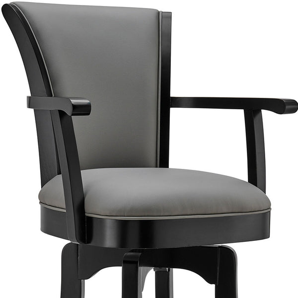 Homeroots 30" Gray And Black Faux Leather And Iron Bar Height Swivel Bar Chair   477050