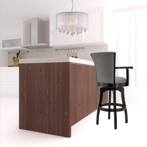 Homeroots 30" Gray And Black Faux Leather And Iron Bar Height Swivel Bar Chair   477050