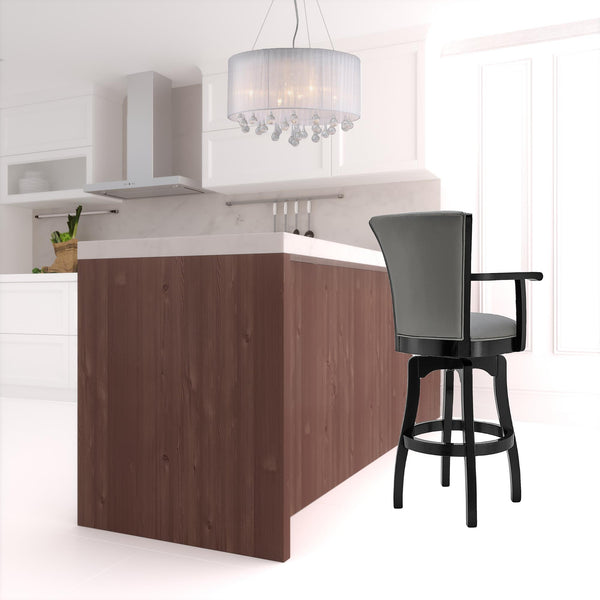 Homeroots 30" Gray And Black Faux Leather And Iron Bar Height Swivel Bar Chair   477050