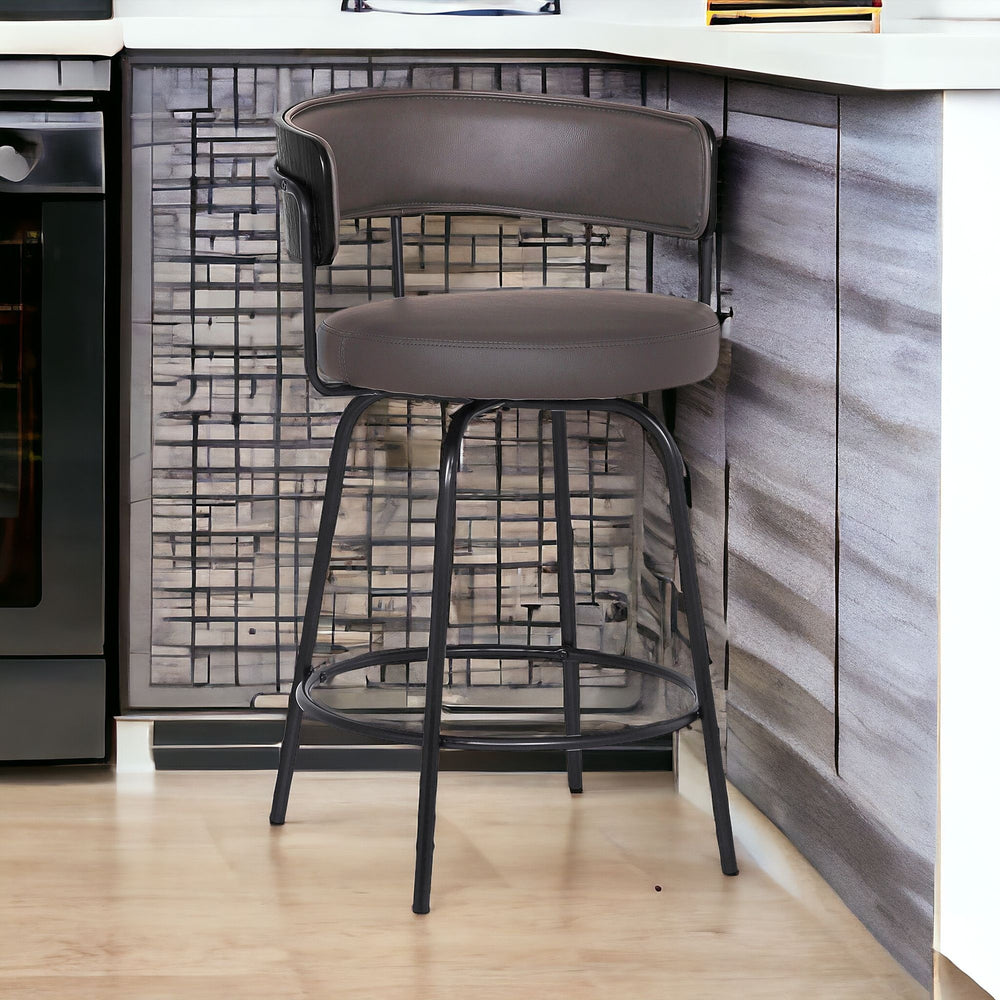 Homeroots 26" Gray And Black Faux Leather And Iron Swivel Counter Height Bar Chair   477051