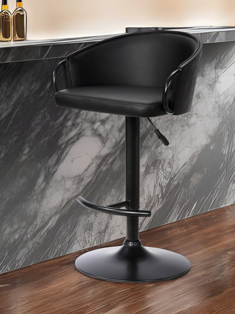 HomeRoots Black Adjustable Height Swivel Bar Chair - Faux Leather & Iron, Modern Comfort for Home & Bar 477057
