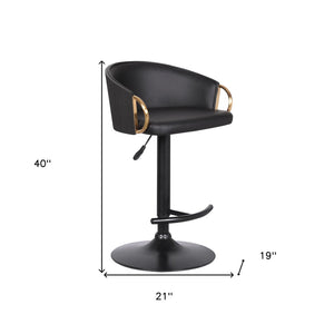 HomeRoots Black Adjustable Height Swivel Bar Chair - Chic Faux Leather & Fabric Low Back Design with Gold Accents 477059