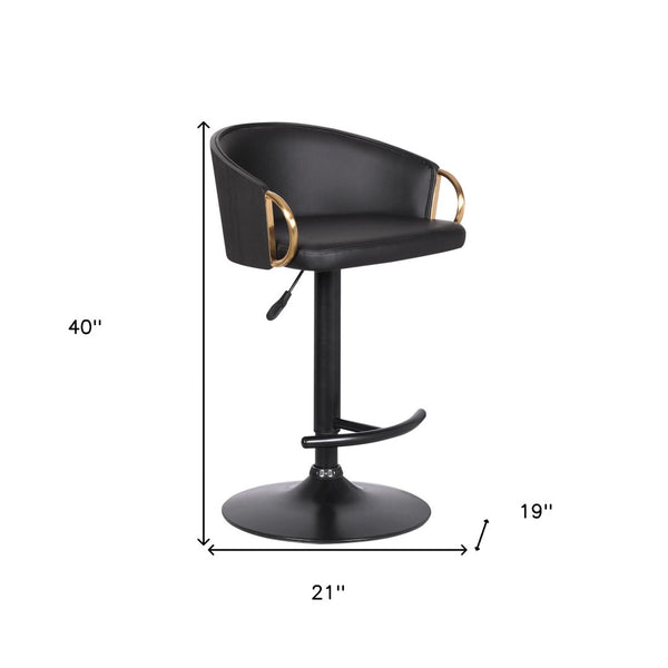 HomeRoots Black Adjustable Height Swivel Bar Chair - Chic Faux Leather & Fabric Low Back Design with Gold Accents 477059