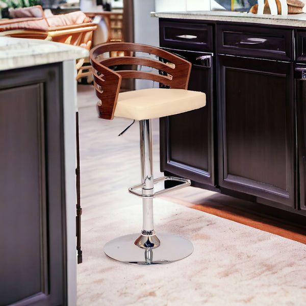 Homeroots 25" Cream And Silver Iron Swivel Low Back Adjustable Height Bar Chair   477067