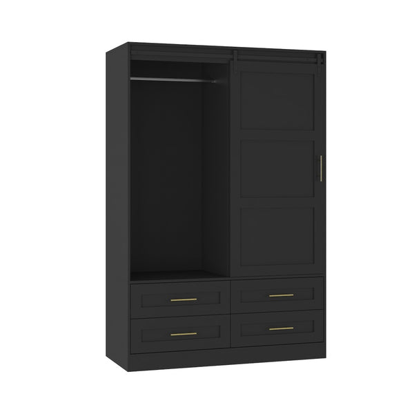 English Elm Tall Farmhouse Wardrobe Armoire with Sliding Barn Doors Drawers and Hanging Rod W1321S00045