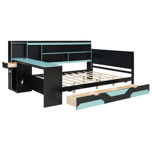 English Elm Queen Gaming Bed Frame with Desk Led Lighting Storage Drawers and Bookcase Headboard Black+Blue LP000290AAC