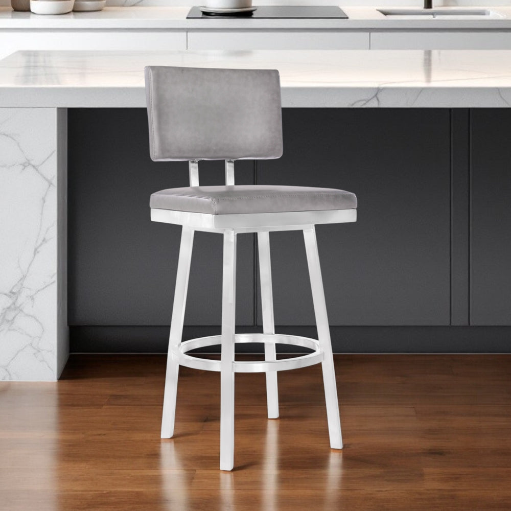 Homeroots 26" Light Gray And Silver Iron Swivel Counter Height Bar Chair   477080