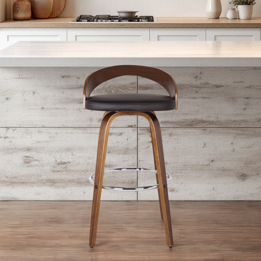 Homeroots 30" Brown Faux Leather And Solid Wood Low Back Bar Height Swivel Bar Chair   477081