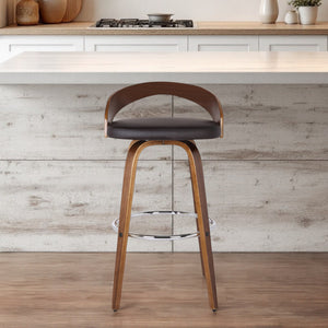 Homeroots 30" Brown Faux Leather And Solid Wood Low Back Bar Height Swivel Bar Chair   477081