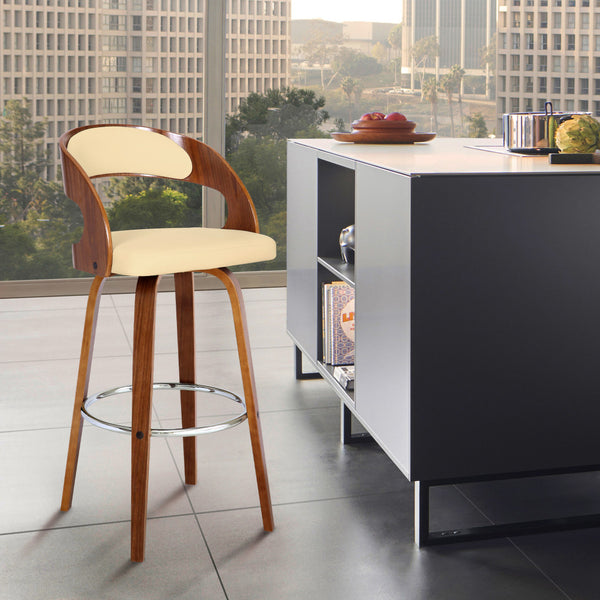 Homeroots 26" Cream And Brown Faux Leather And Iron Swivel Low Back Counter Height Bar Chair   477082