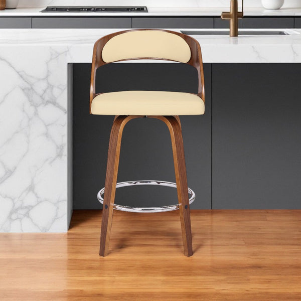 Homeroots 26" Cream And Brown Faux Leather And Iron Swivel Low Back Counter Height Bar Chair   477082