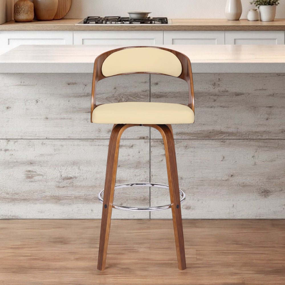 Homeroots 30" Cream And Brown Fabric And Iron Low Back Bar Height Swivel Bar Chair   477083