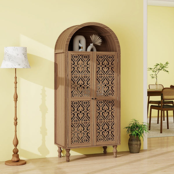 English Elm 70.28" Tall Walnut Pantry Cabinet Lattice Carved Doors Adjustable Shelves Two Drawers W688P303382