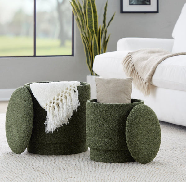 English Elm Ottoman Set Nesting Storage Cubes Upholstered in Rich Fabric for Modern Living Spaces Green B202P471501