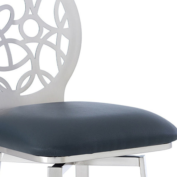 Homeroots 30" Gray And Silver Faux Leather And Iron Swivel Bar Height Bar Chair   477105