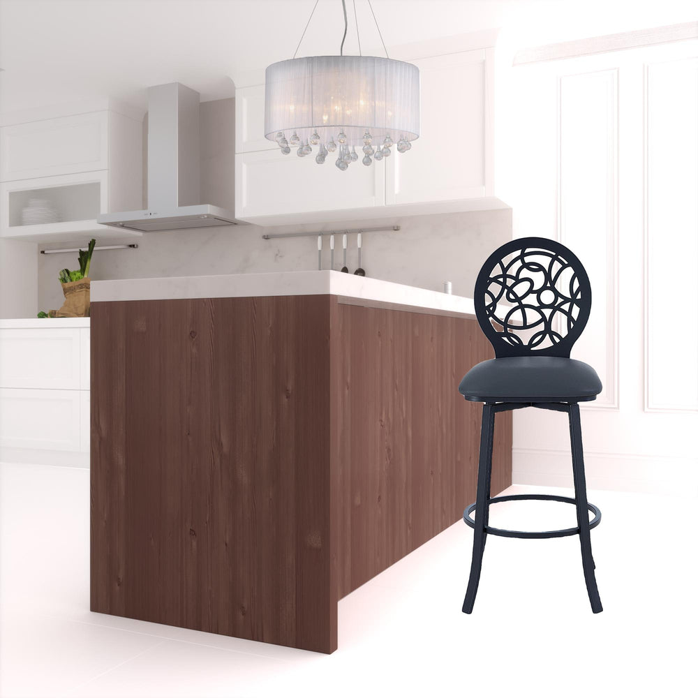 Homeroots 30" Gray And Black Faux Leather And Iron Swivel Bar Height Bar Chair   477107